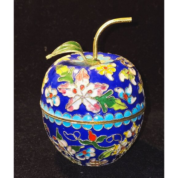 Vintage Cloisonné Apple Trinket Box With Floral Enamel Design - Picture 1 of 7